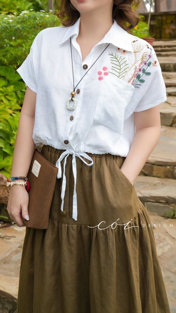 Áo Thêu hoa túi croptop rút eo linen tưng premium Cói Design