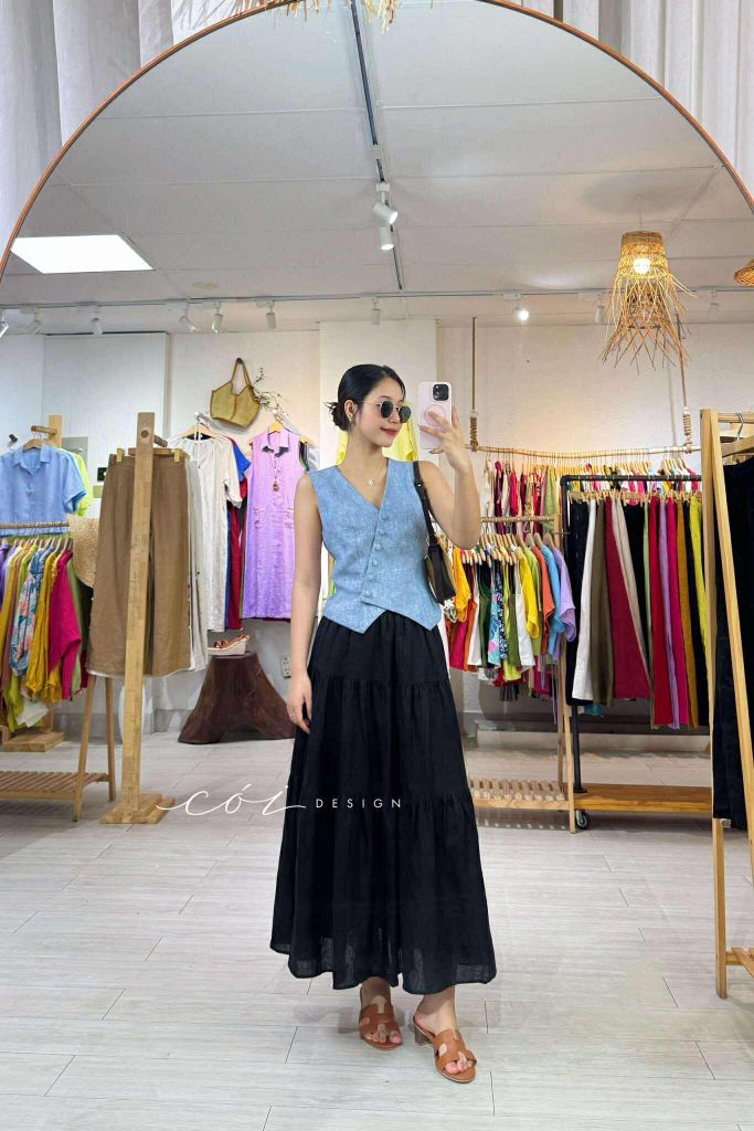 Áo gile nút bọc linen tưng premium Cói Design