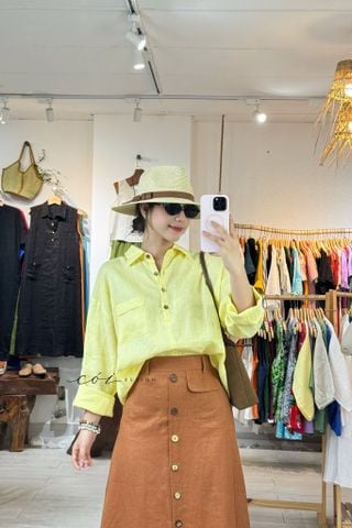 Chân váy hàng nút dừa 1 túi linen tưng premium Cói Design