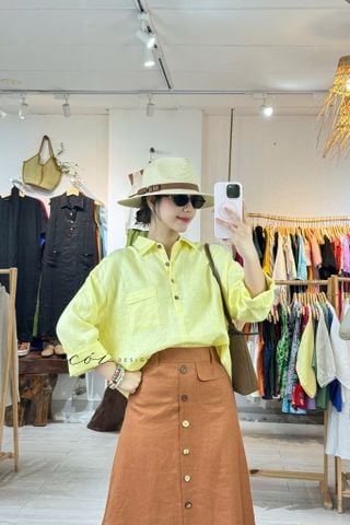 Chân váy hàng nút dừa 1 túi linen tưng premium Cói Design