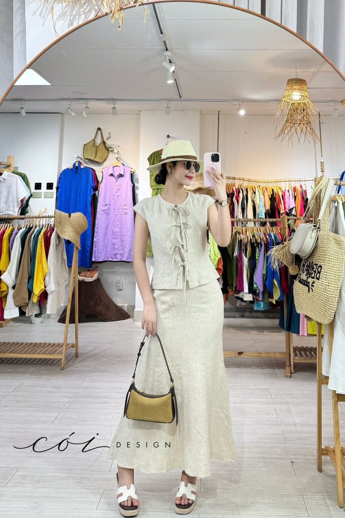 Áo cổ tròn phối nơ linen tưng premium Cói Design