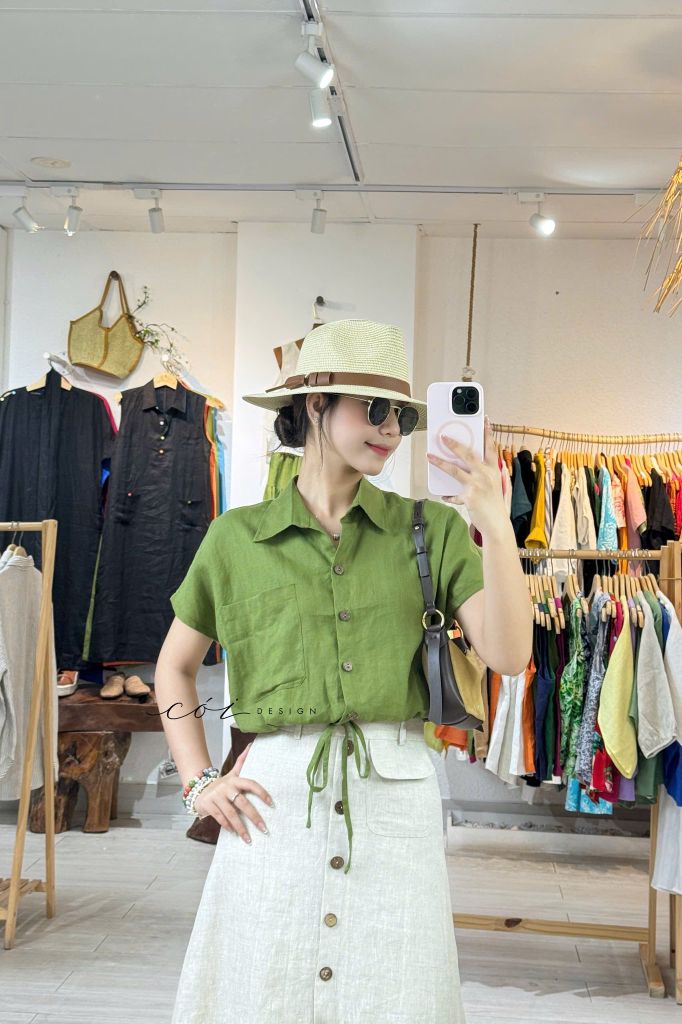 Áo sơ mi croptop rút dây linen tưng Cói Design