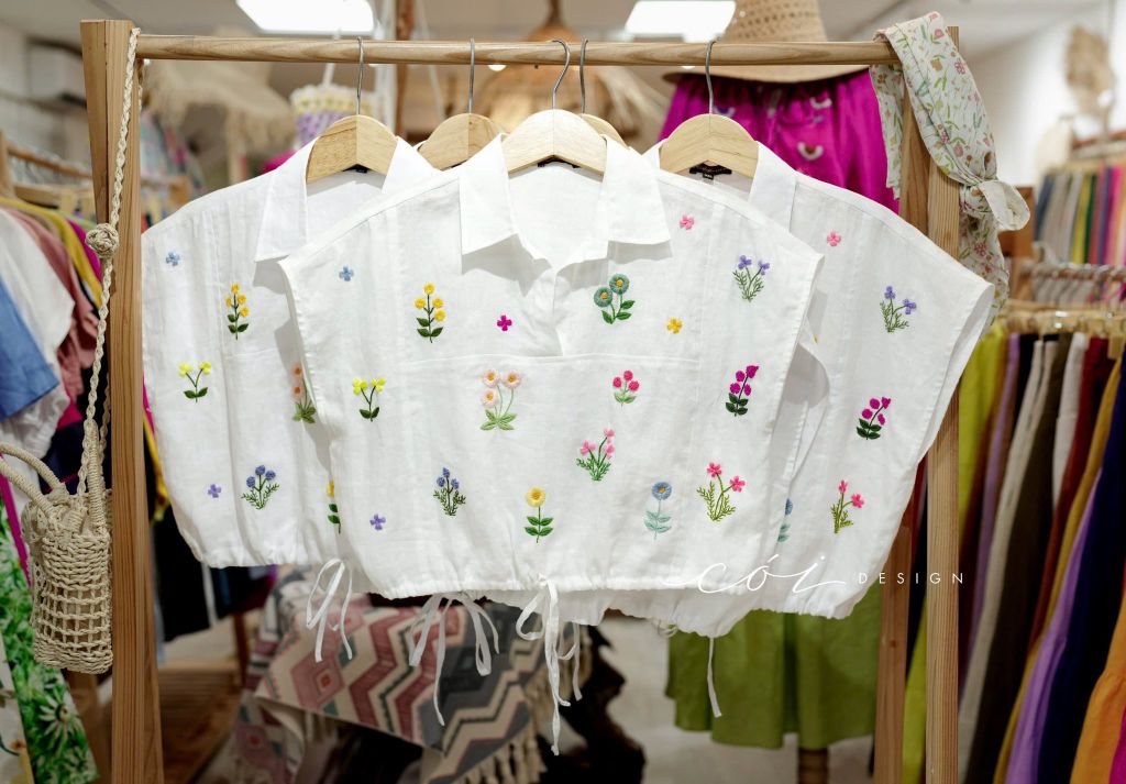 Áo Thêu hoa cổ sơ mi phối dây linen tưng premium Cói Design