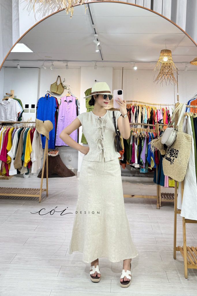 Áo cổ tròn phối nơ linen tưng premium Cói Design