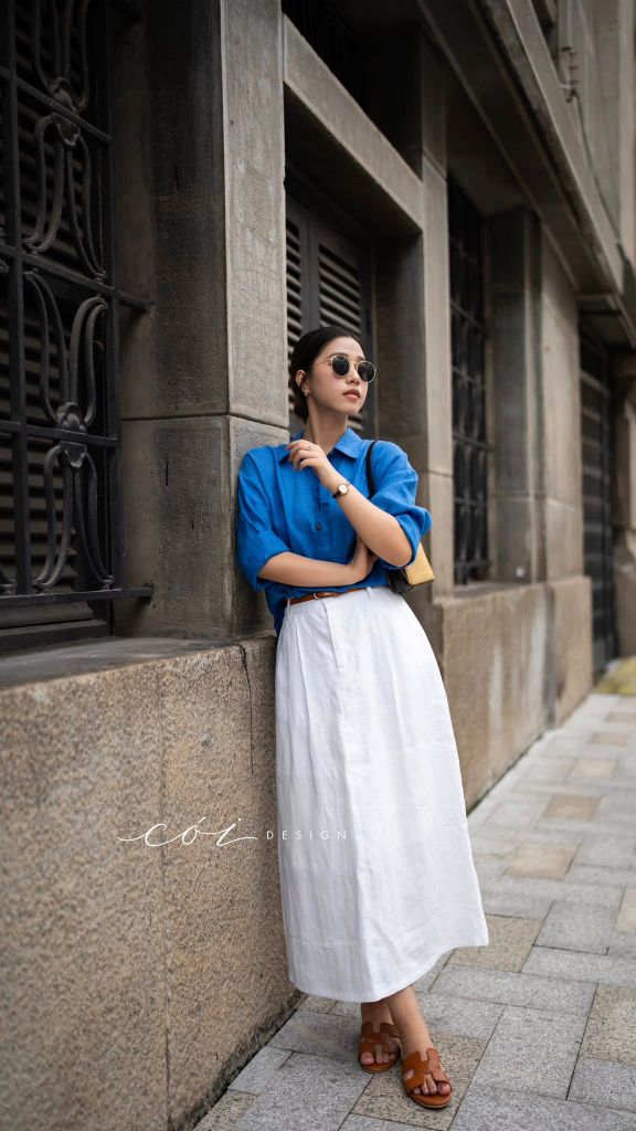 Chân váy xếp ly lưng thun linen tưng premium Cói Design