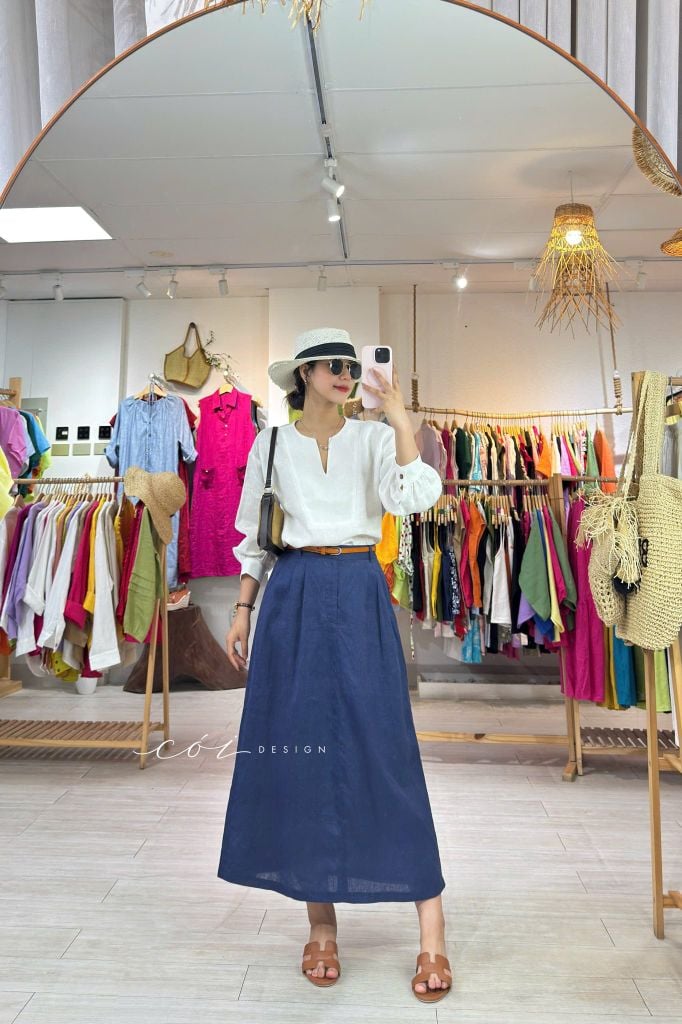 Chân váy xếp ly lưng thun linen tưng premium Cói Design