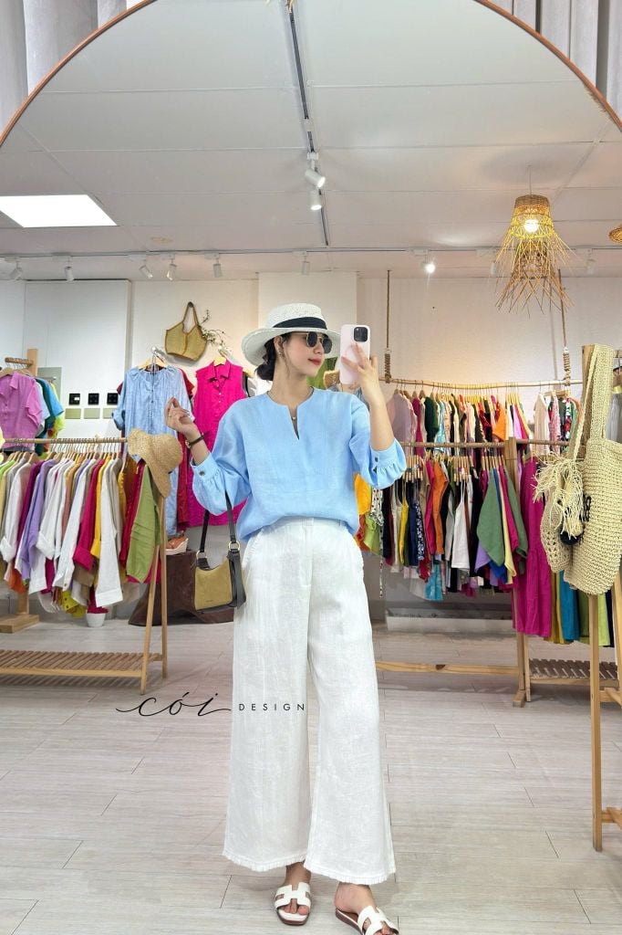 Áo cổ V tay manset linen tưng premium Cói Design