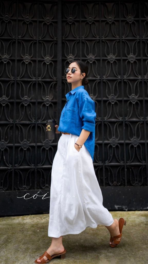 Chân váy xếp ly lưng thun linen tưng premium Cói Design