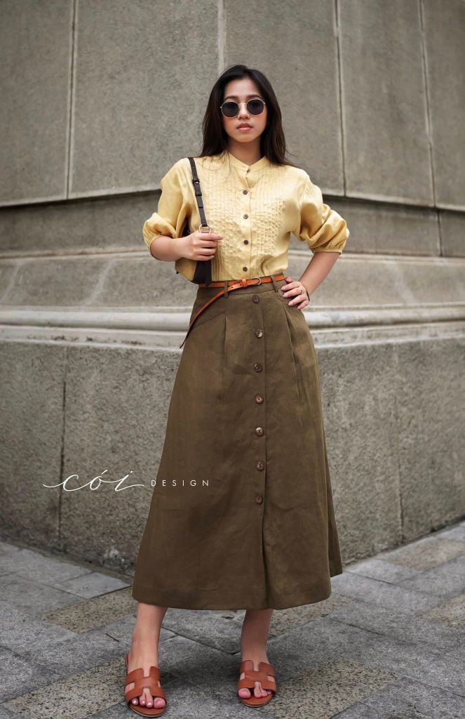 Chân váy cách điệu 2 túi nút dừa linen tưng premium Cói Design