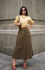 Áo cổ trụ xếp ly tay phồng linen tưng premium Cói Design