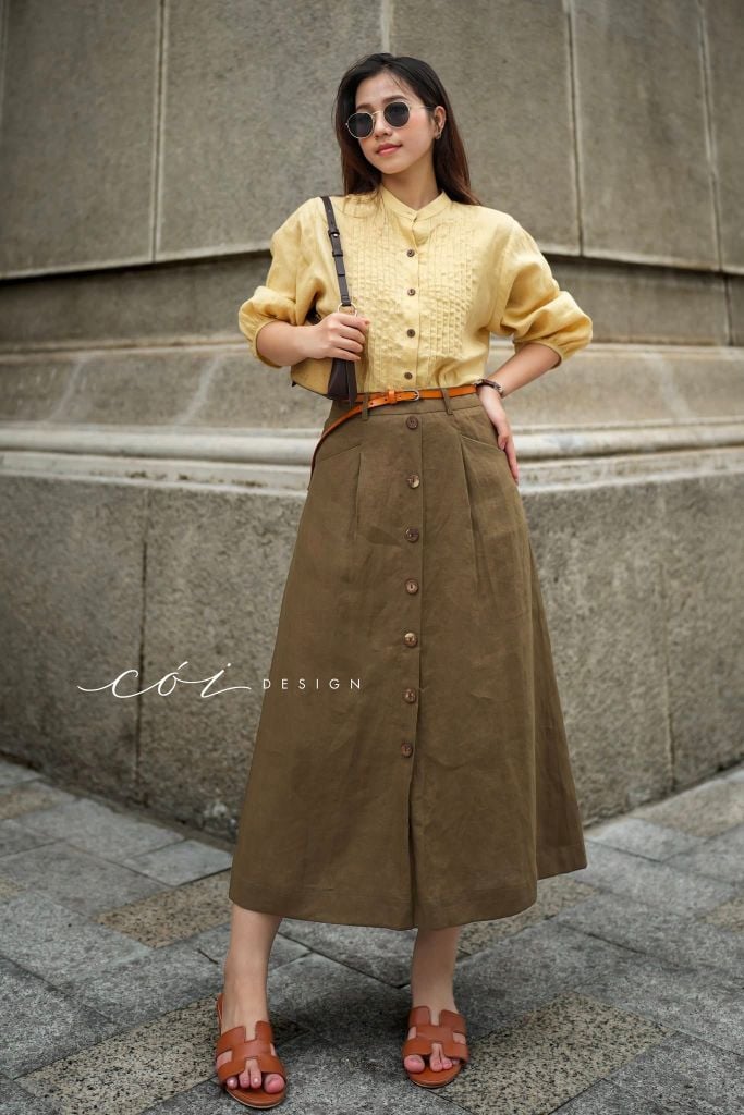 Áo cổ trụ xếp ly tay phồng linen tưng premium Cói Design