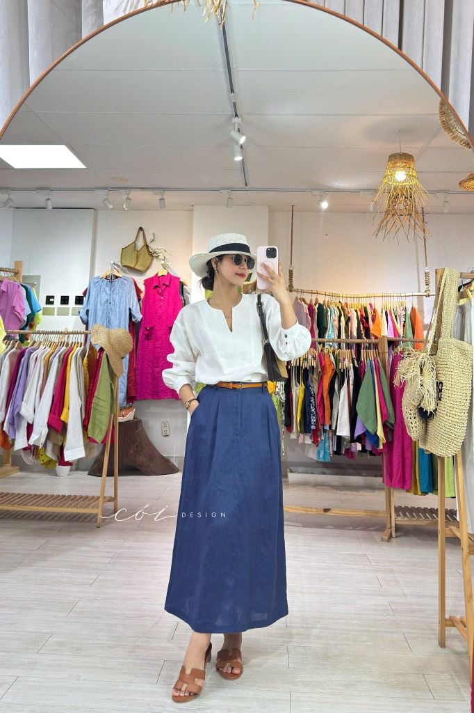 Chân váy xếp ly lưng thun linen tưng premium Cói Design