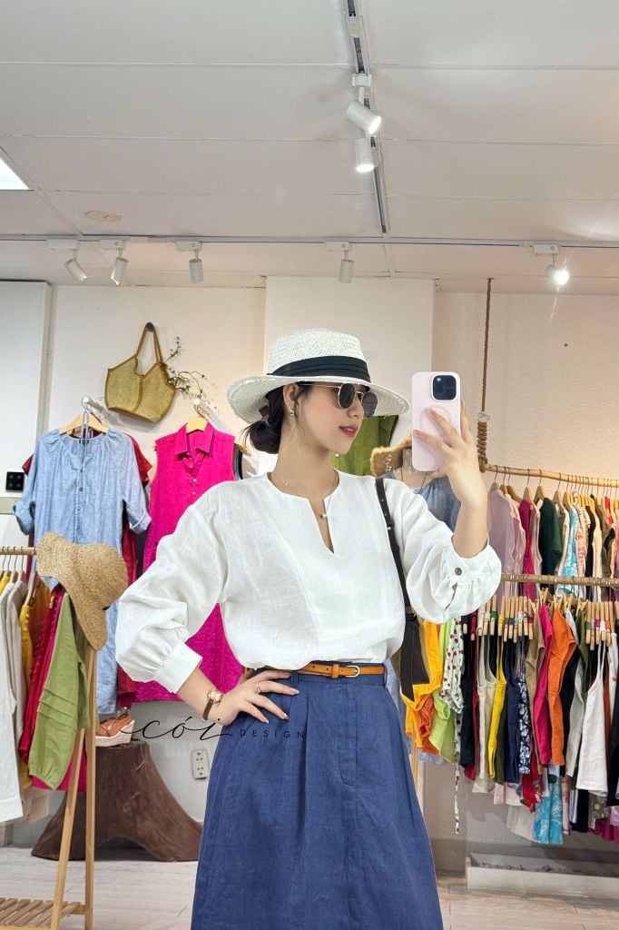 Áo cổ V tay manset linen tưng premium Cói Design