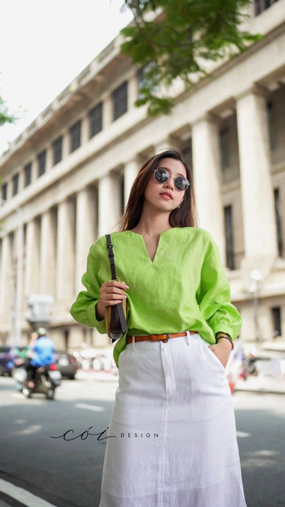 Áo cổ V tay manset linen tưng premium Cói Design