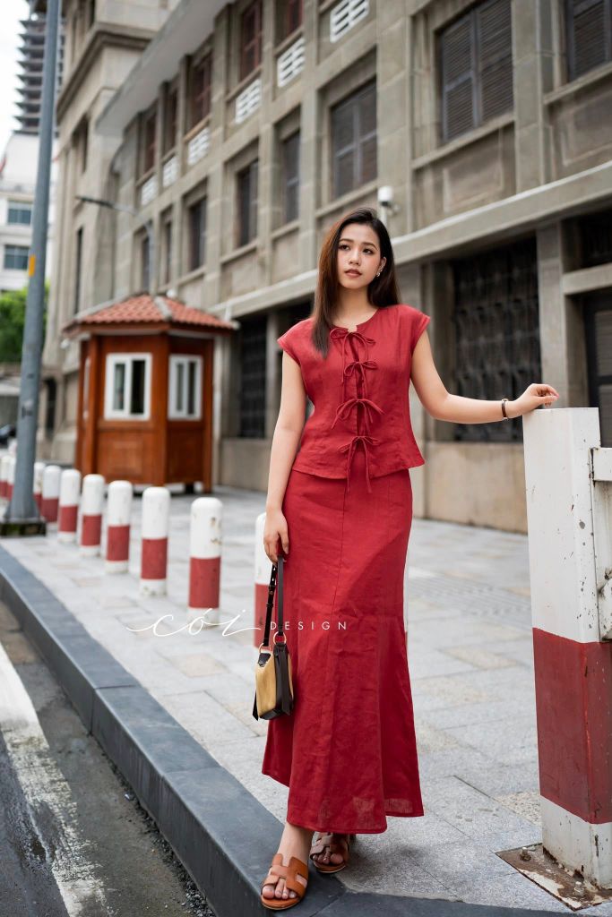 Áo cổ tròn phối nơ linen tưng premium Cói Design