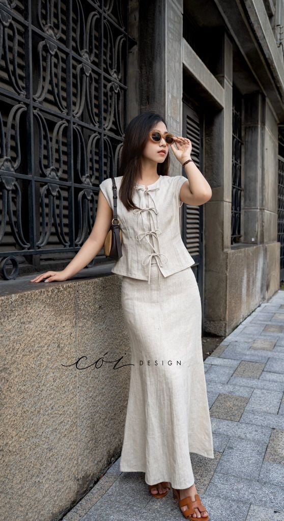 Áo cổ tròn phối nơ linen tưng premium Cói Design