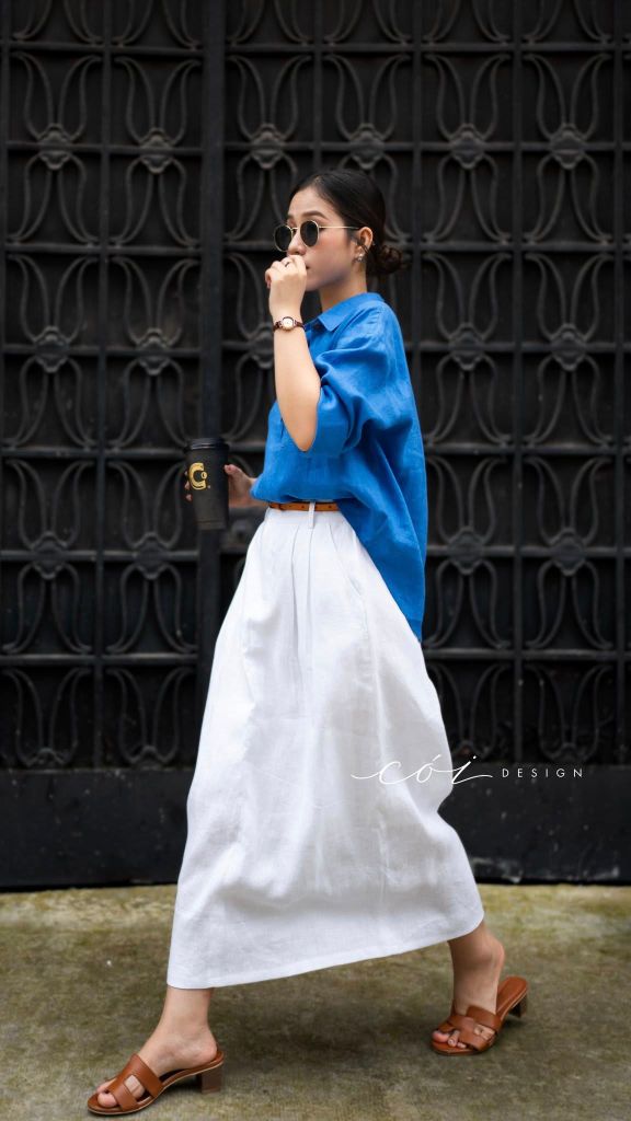 Chân váy xếp ly lưng thun linen tưng premium Cói Design