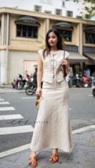 Áo cổ tròn phối nơ linen tưng premium Cói Design