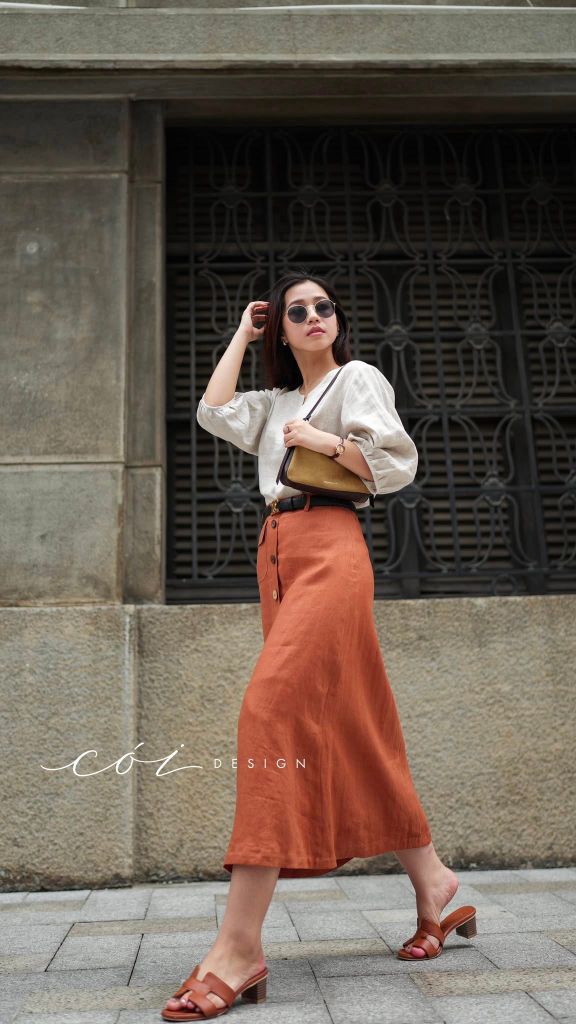 Chân váy hàng nút dừa 1 túi linen tưng premium Cói Design