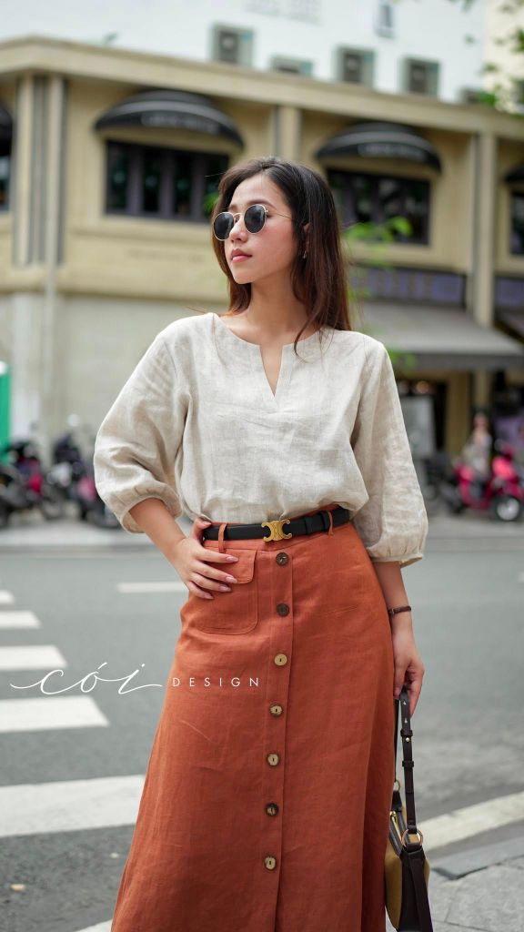 Chân váy hàng nút dừa 1 túi linen tưng premium Cói Design