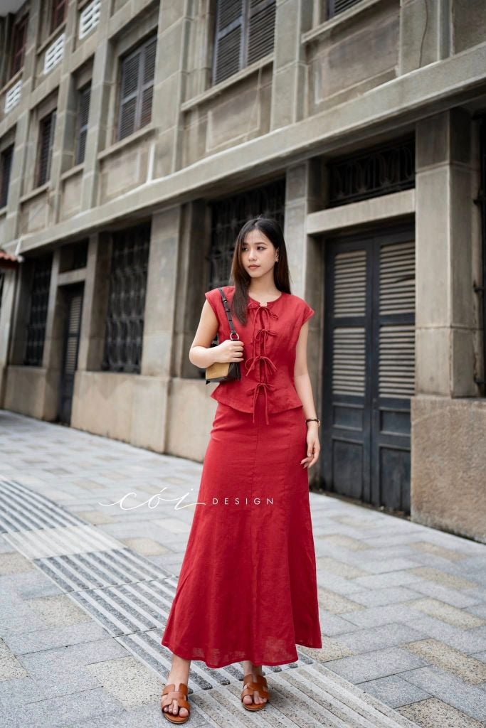 Áo cổ tròn phối nơ linen tưng premium Cói Design