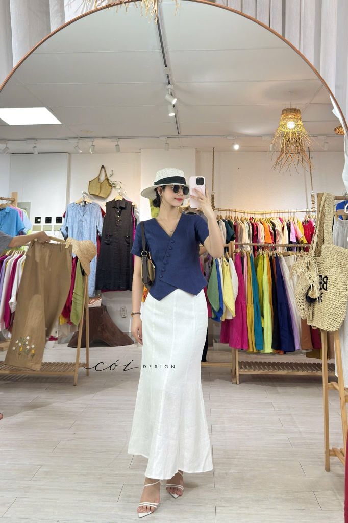 Áo gile xéo nút tay ngắn linen tưng premium Cói Design