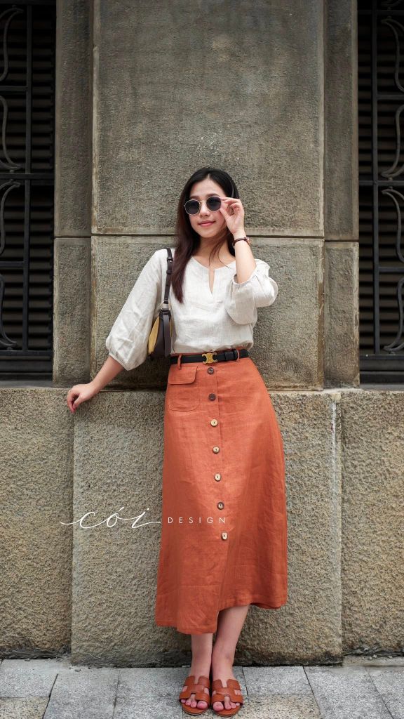 Chân váy hàng nút dừa 1 túi linen tưng premium Cói Design