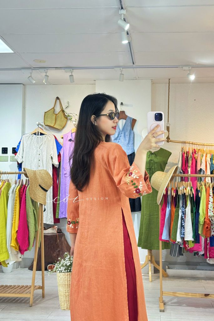 Áo dài thêu tay Song Hoa Linen tưng premium Cói Design