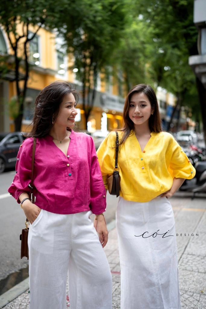 Áo cổ trụ 19 nút bọc màu Linen tưng premium Cói Design