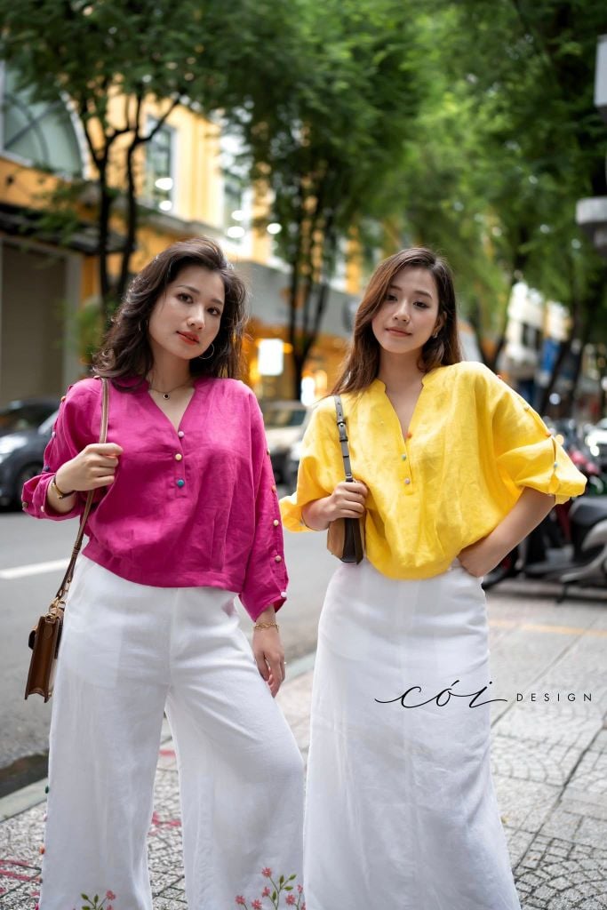 Áo cổ trụ 19 nút bọc màu Linen tưng premium Cói Design