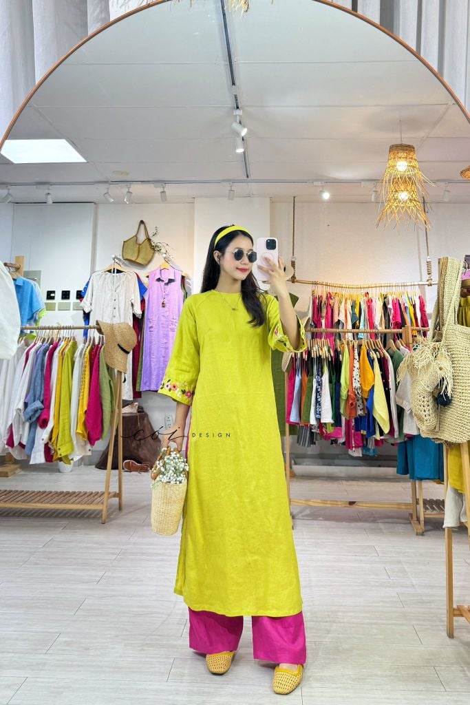 Áo dài thêu tay Song Hoa Linen tưng premium Cói Design