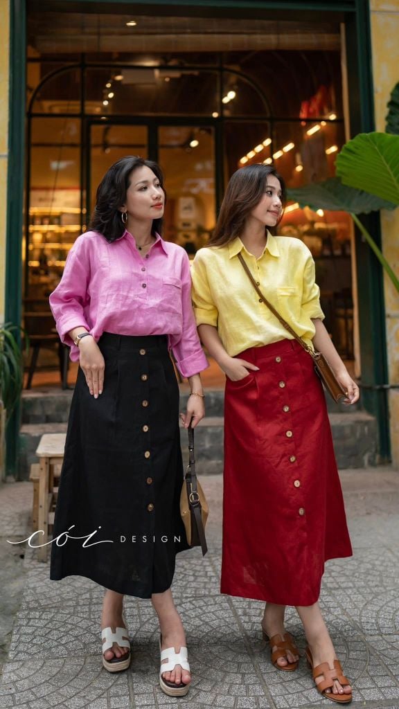Chân váy cách điệu 2 túi nút dừa linen tưng premium Cói Design