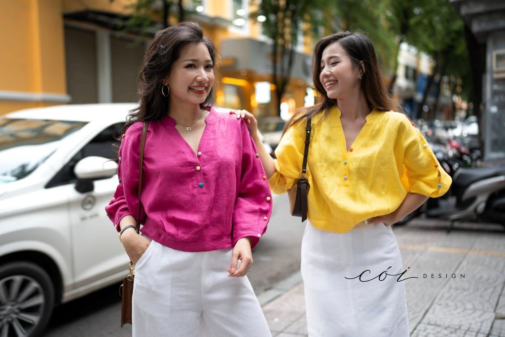 Áo cổ trụ 19 nút bọc màu Linen tưng premium Cói Design