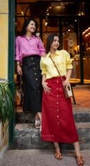 Chân váy cách điệu 2 túi nút dừa linen tưng premium Cói Design