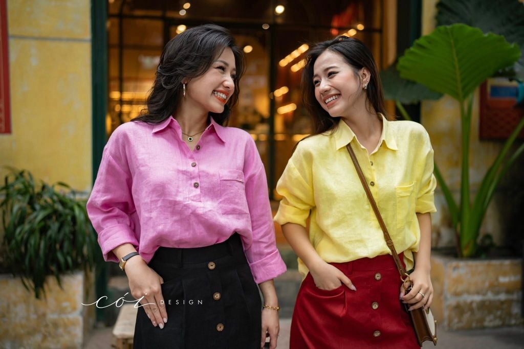 Chân váy cách điệu 2 túi nút dừa linen tưng premium Cói Design