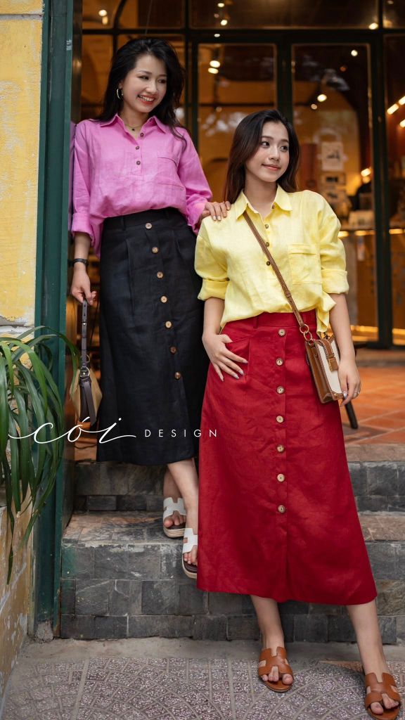 Chân váy cách điệu 2 túi nút dừa linen tưng premium Cói Design
