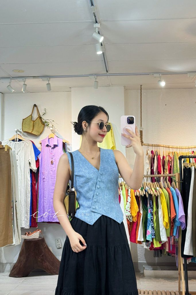 Áo gile nút bọc linen tưng premium Cói Design