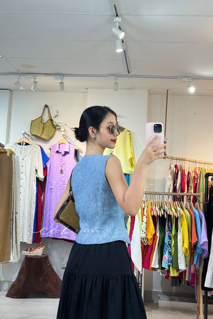 Áo gile nút bọc linen tưng premium Cói Design