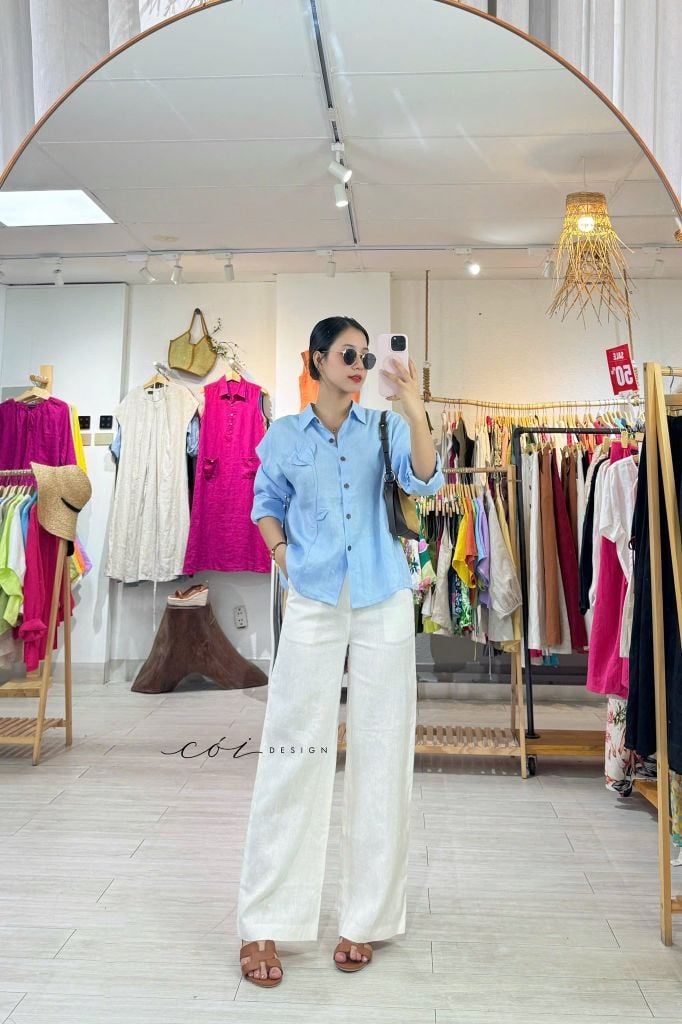 Áo sơ mi phối hoa Handmade linen tưng premium Cói Design