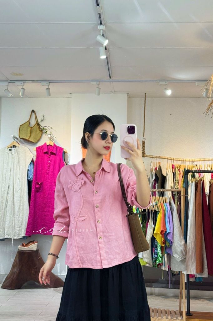 Áo sơ mi phối hoa Handmade linen tưng premium Cói Design