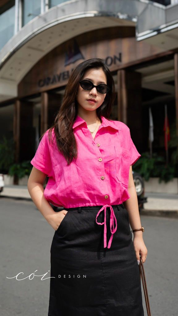 Áo sơ mi croptop rút dây linen tưng Cói Design