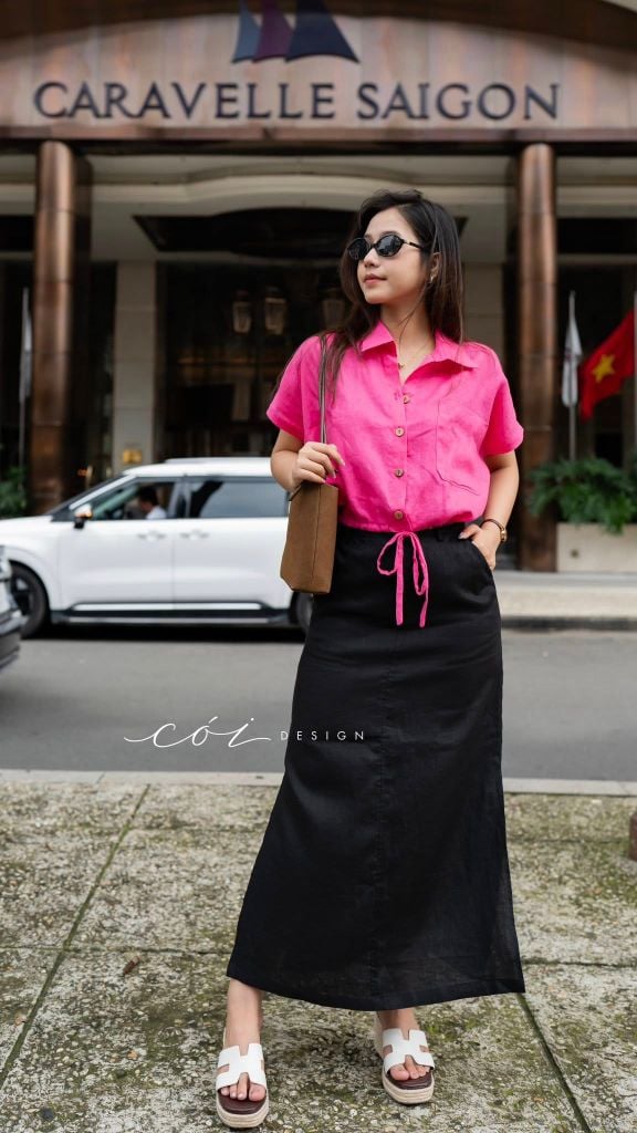 Áo sơ mi croptop rút dây linen tưng Cói Design