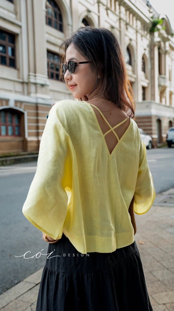 Áo tay rơi đan chéo lưng linen tưng premium Cói Design