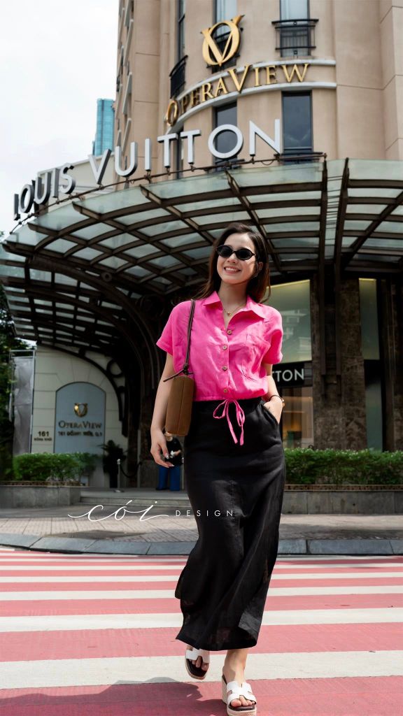 Áo sơ mi croptop rút dây linen tưng Cói Design