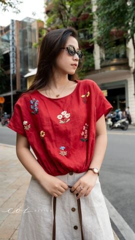 Áo croptop cổ tròn thêu hoa linen tưng premium Cói Design