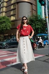 Áo croptop cổ tròn thêu hoa linen tưng premium Cói Design