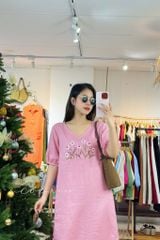Đầm cổ tim nút bọc thêu hoa linen tưng premium Cói Design