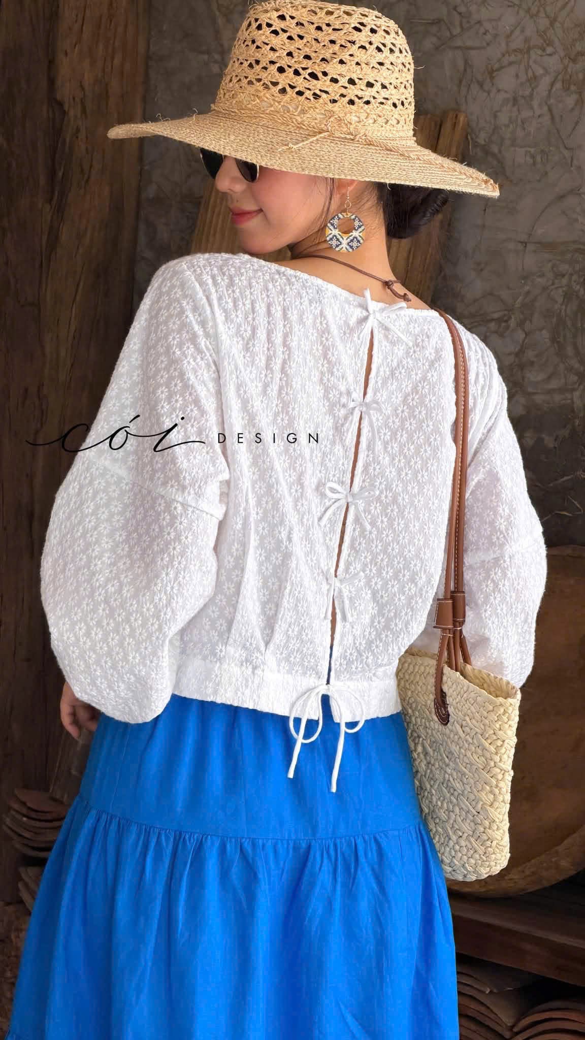 Áo tay phồng phối nơ lưng linen tưng premium Cói Design