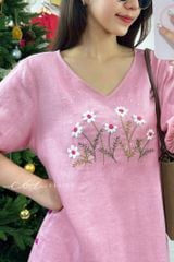 Đầm cổ tim nút bọc thêu hoa linen tưng premium Cói Design