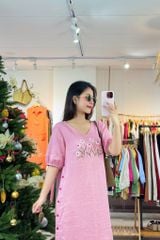 Đầm cổ tim nút bọc thêu hoa linen tưng premium Cói Design